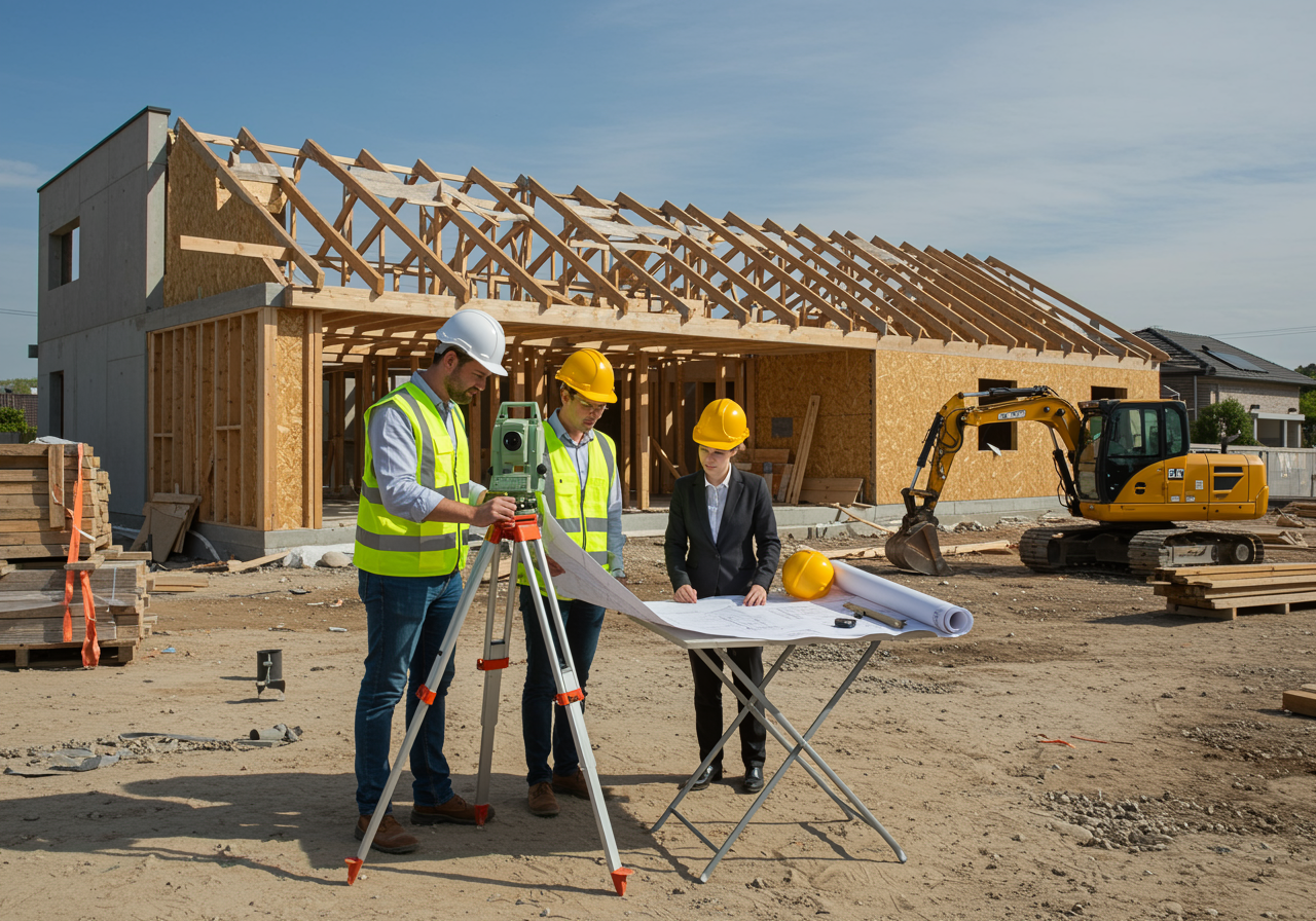 "Imagen fotorealista de una construcción residencial moderna con arquitecto y gerente de construcción revisando planos en un sitio iluminado, rodeados de maquinaria pesada y materiales organizados."