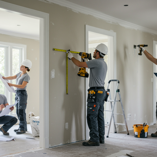 "Trabajadores de la construcción en un interior bien iluminado, realizando un proceso de renovación con mediciones precisas, uso de herramientas avanzadas y supervisión de calidad en un entorno profesional."