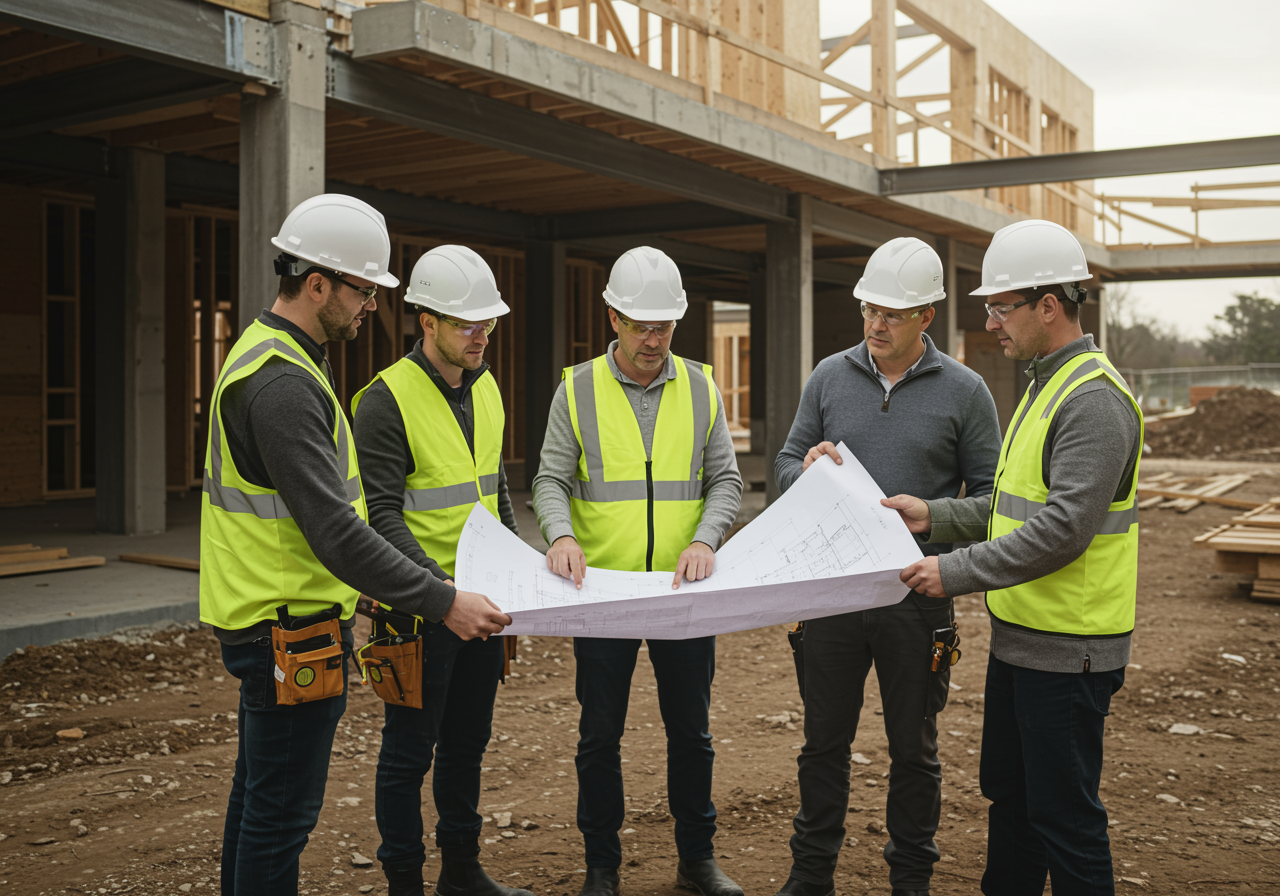"Grupo de arquitectos y trabajadores de la construcción revisando planos en un sitio de obra con materiales sostenibles, reflejando atención personalizada y técnicas innovadoras en construcción."