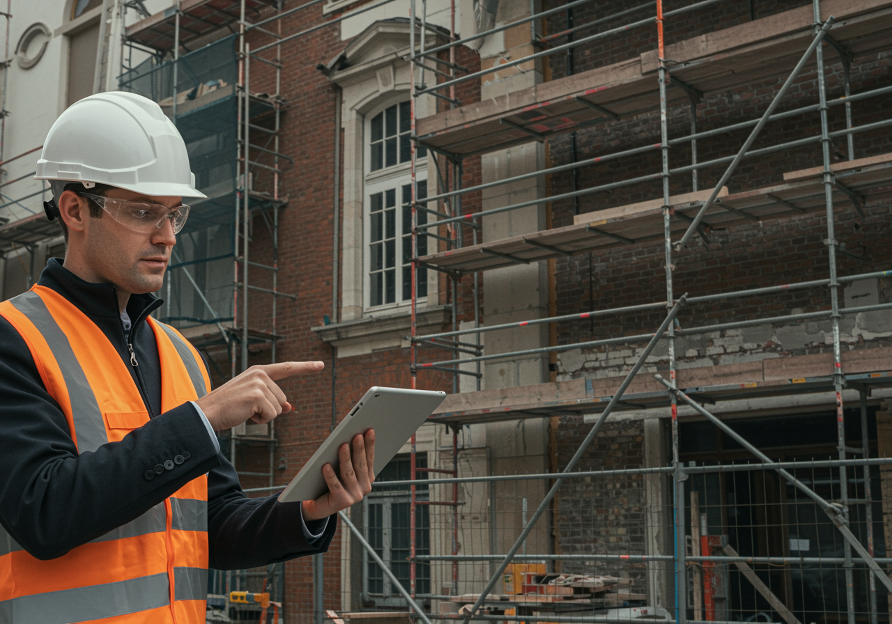 "Ingeniero de construcción en chaleco de alta visibilidad y casco, supervisando un proyecto de renovación con tablet y colaborador, destacando soluciones integradas y comunicación efectiva."
