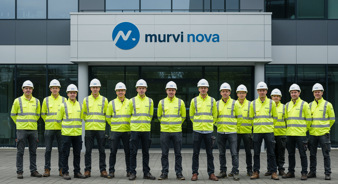 "Retrato profesional del equipo de Murvi Nova, compuesto por expertos en construcción con cascos y chalecos de seguridad, frente a un moderno edificio de oficinas."